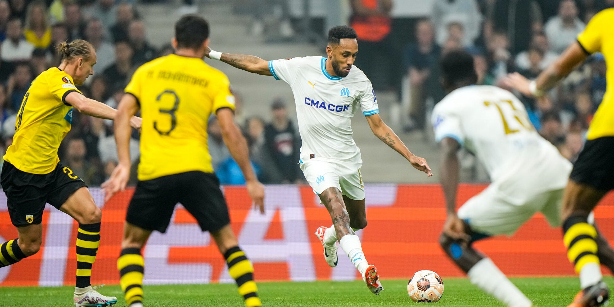 Pierre-Emerick Aubameyang lors du match de l'OM face à l'AEK Athènes, le 26 octobre dernier à l'Orange Vélodrome (Marseille).
