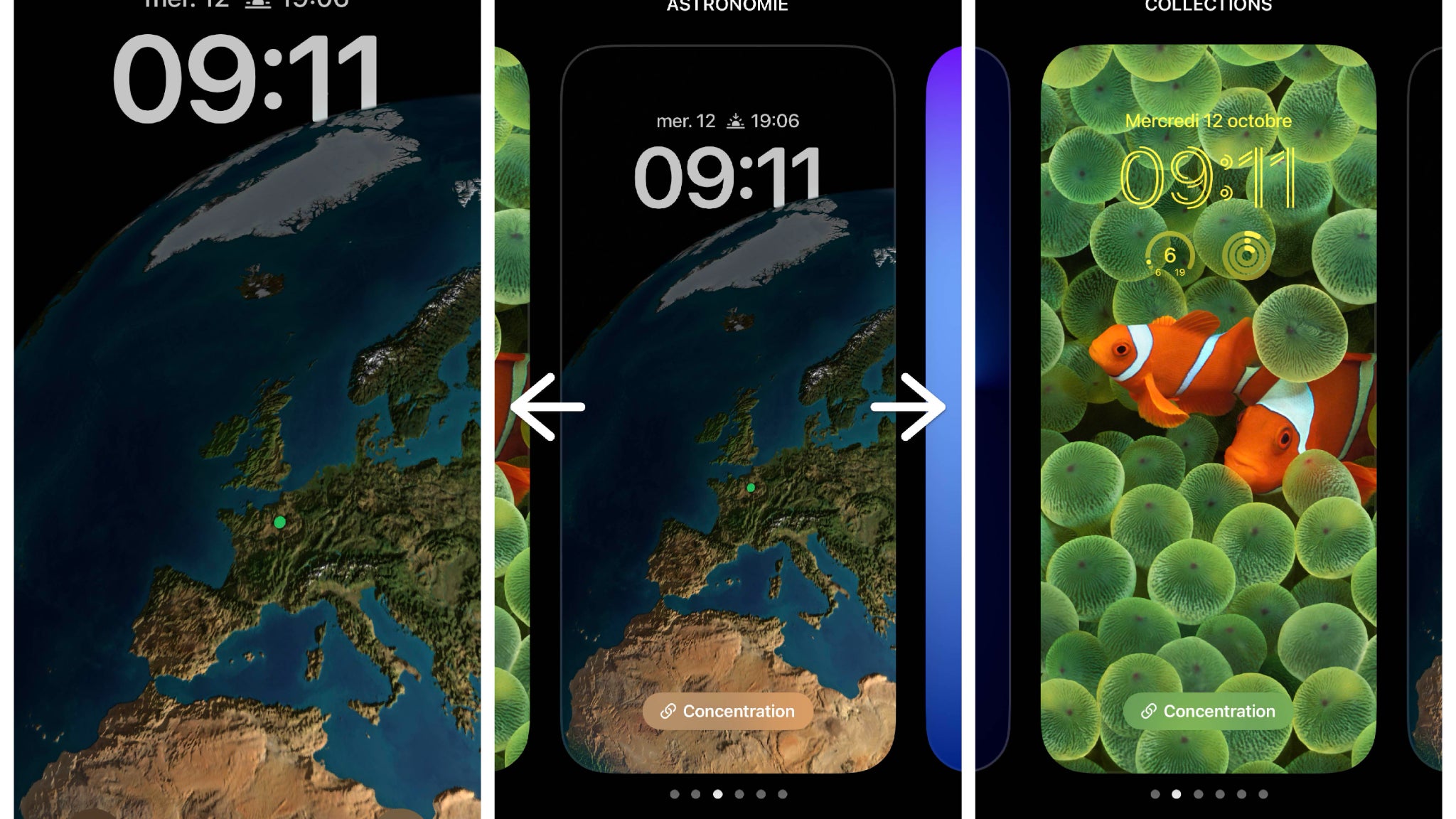 Appuyez longuement sur votre écran verrouillé : vous pourrez alors en choisir un autre en swipant sur les côtés, en créer un nouveau en cliquant sur le bouton "+", et les customiser à tout moment via le bouton "Personnaliser". Appuyez longuement sur votre écran verrouillé : vous pourrez alors en choisir un autre en swipant sur les côtés, en créer un nouveau en cliquant sur le bouton "+", et les customiser à tout moment via le bouton "Personnaliser".