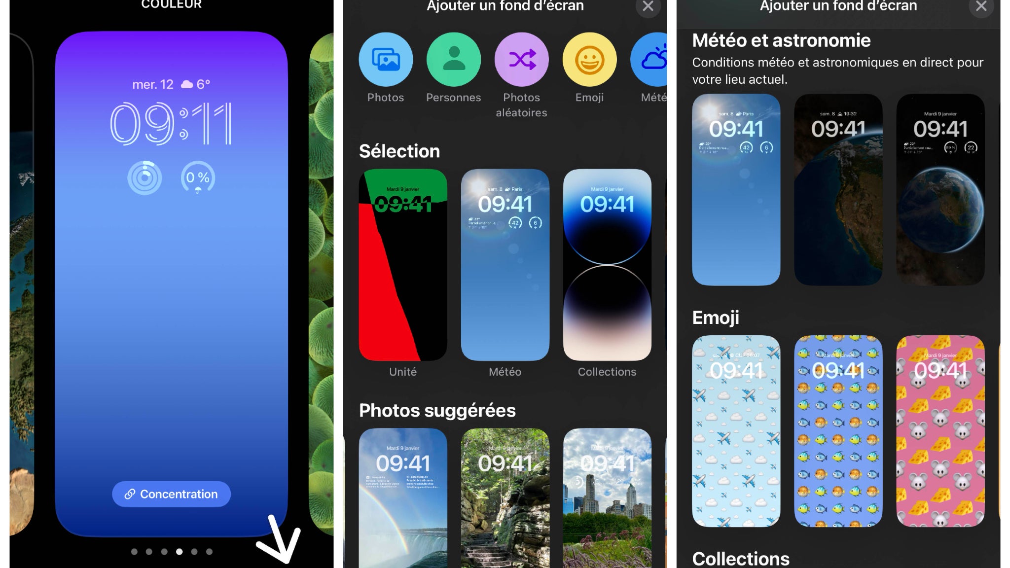 Cliquez sur le bouton "+" pour créer un nouvel écran verrouillé. Il vous faudra d'abord sélectionner un fond d'écran, soit parmi vos photos accessibles via le bouton dédié en haut de page, soit parmi les (nombreuses) suggestions d'Apple... Cliquez sur le bouton "+" pour créer un nouvel écran verrouillé. Il vous faudra d'abord sélectionner un fond d'écran, soit parmi vos photos accessibles via le bouton dédié en haut de page, soit parmi les (nombreuses) suggestions d'Apple...