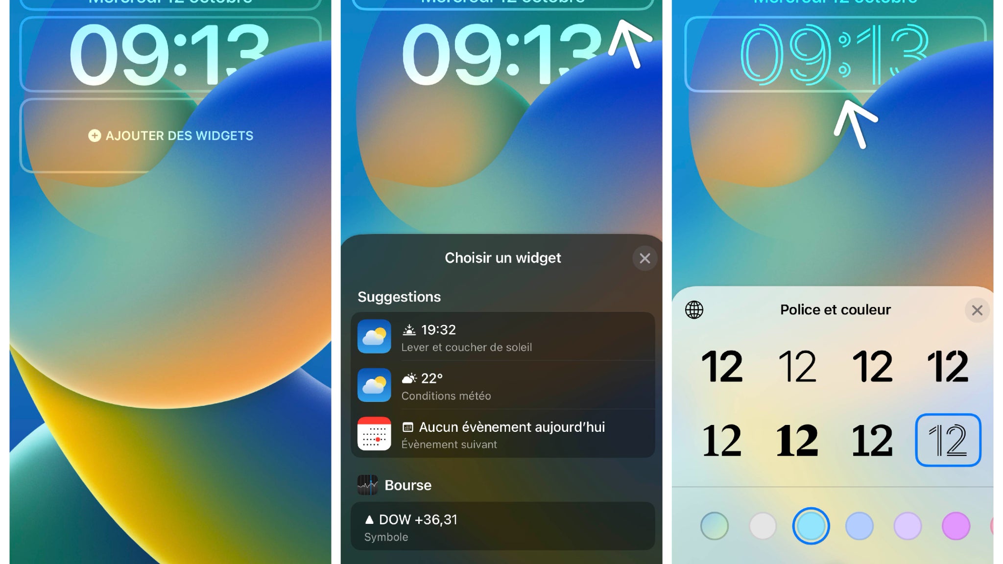 Voici le mode de personnalisation de l'écran verrouillé. Il est tout d'abord possible de modifier l'information se trouvant en première ligne : cliquez sur la date, indiquée par défaut, et choisissez un autre widget. Puis en tapotant sur l'heure, vous pourrez changer son aspect. Voici le mode de personnalisation de l'écran verrouillé. Il est tout d'abord possible de modifier l'information se trouvant en première ligne : cliquez sur la date, indiquée par défaut, et choisissez un autre widget. Puis en tapotant sur l'heure, vous pourrez changer son aspect.