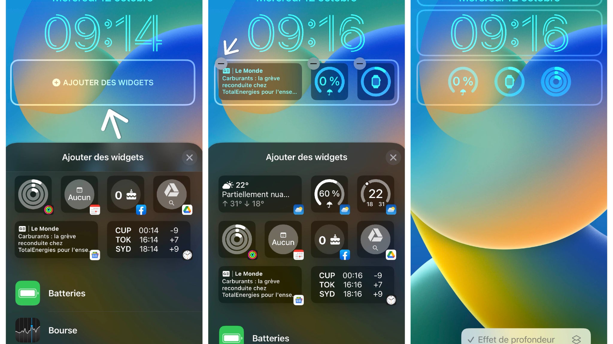 Appuyez sur la barre "Ajouter des widgets" pour en sélectionner jusqu'à trois ou quatre. Vous pourrez en supprimer si vous changez d'avis en cliquant sur le petit bouton "-". Une fois que vous avez fini de personnaliser votre écran verrouillé, tapotez sur le bouton "Ajouter" en haut à droite. Appuyez sur la barre "Ajouter des widgets" pour en sélectionner jusqu'à trois ou quatre. Vous pourrez en supprimer si vous changez d'avis en cliquant sur le petit bouton "-". Une fois que vous avez fini de personnaliser votre écran verrouillé, tapotez sur le bouton "Ajouter" en haut à droite.