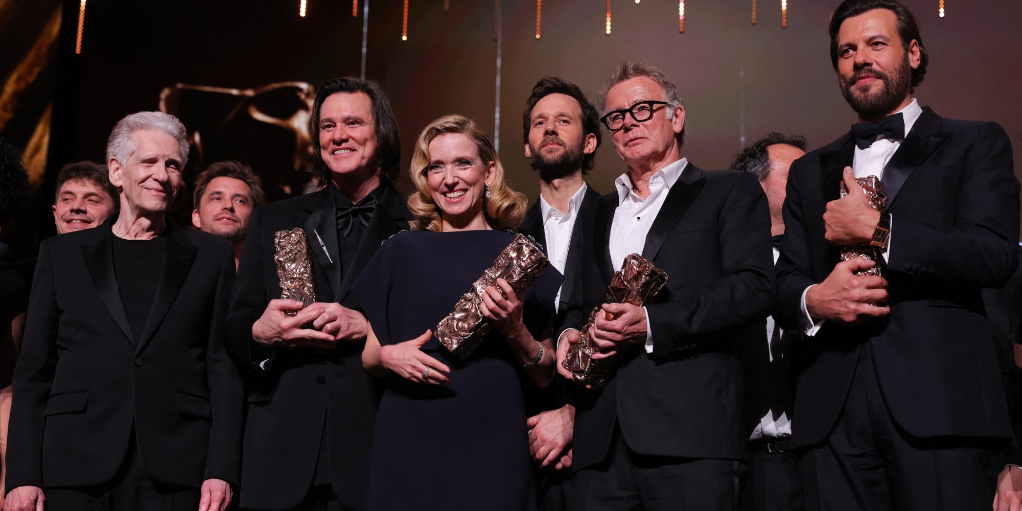 David Cronenberg, Jim Carrey, Léa Drucker, Benjamin Lavernhe, Franck Dubosc et Laurent Lafitte à la 51e cérémonie des César, qui s'est déroulée à l'Olympia, à Paris, le 26 février 2026.
