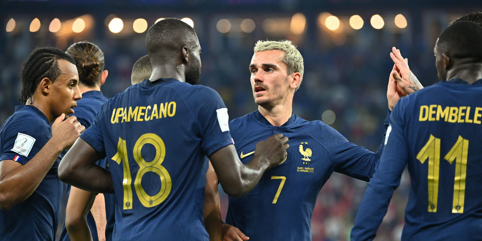 Antoine Griezmann et ses coéquipiers lors du match de Coupe du Monde France - Danemark, au Qatar, le 26 novembre 2022.