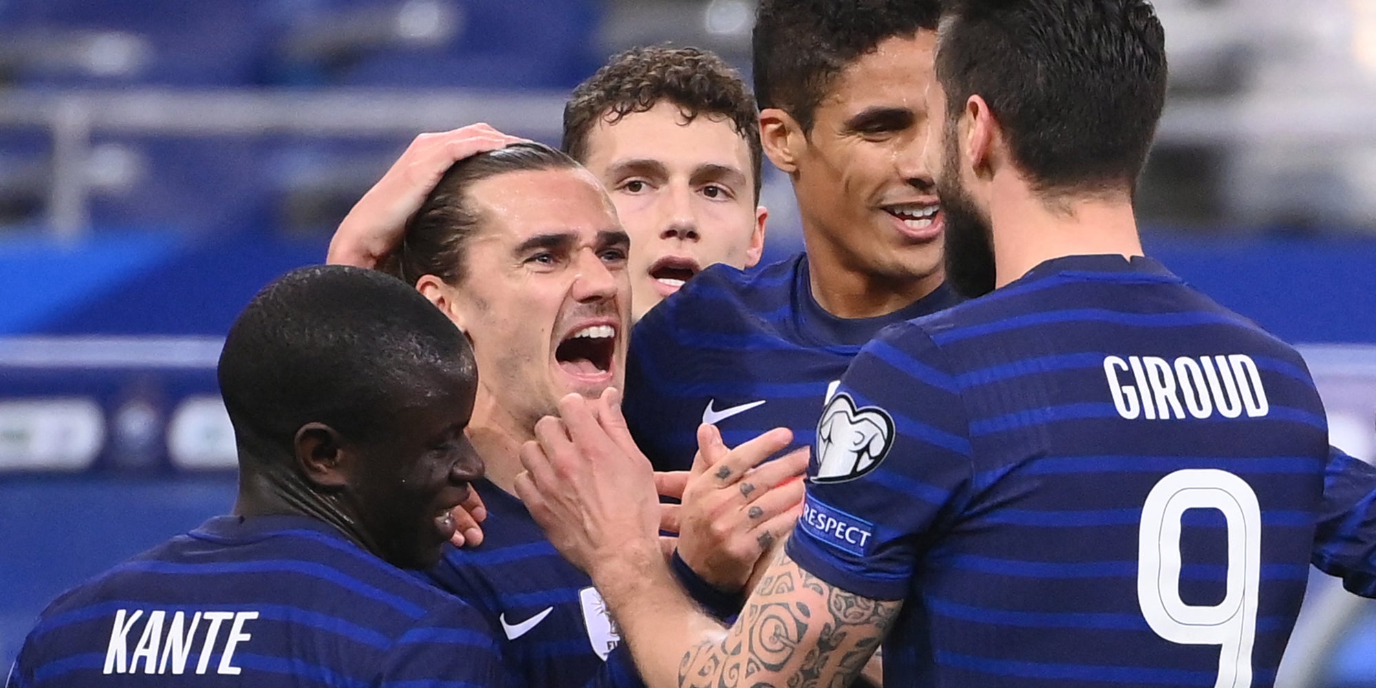 Les joueurs de l'équipe de France contre l'Ukraine, le 24 mars 2021 au Stade de France, Saint-Denis