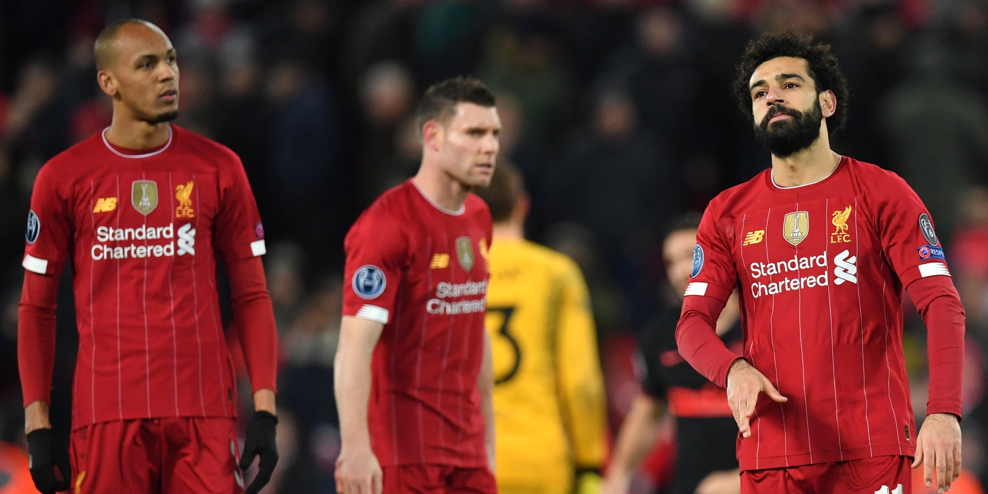 Les joueurs de Liverpool après leur élimination en Ligue des Champions contre l'Atlético Madrid, le 11 mars 2020 à Anfield Road