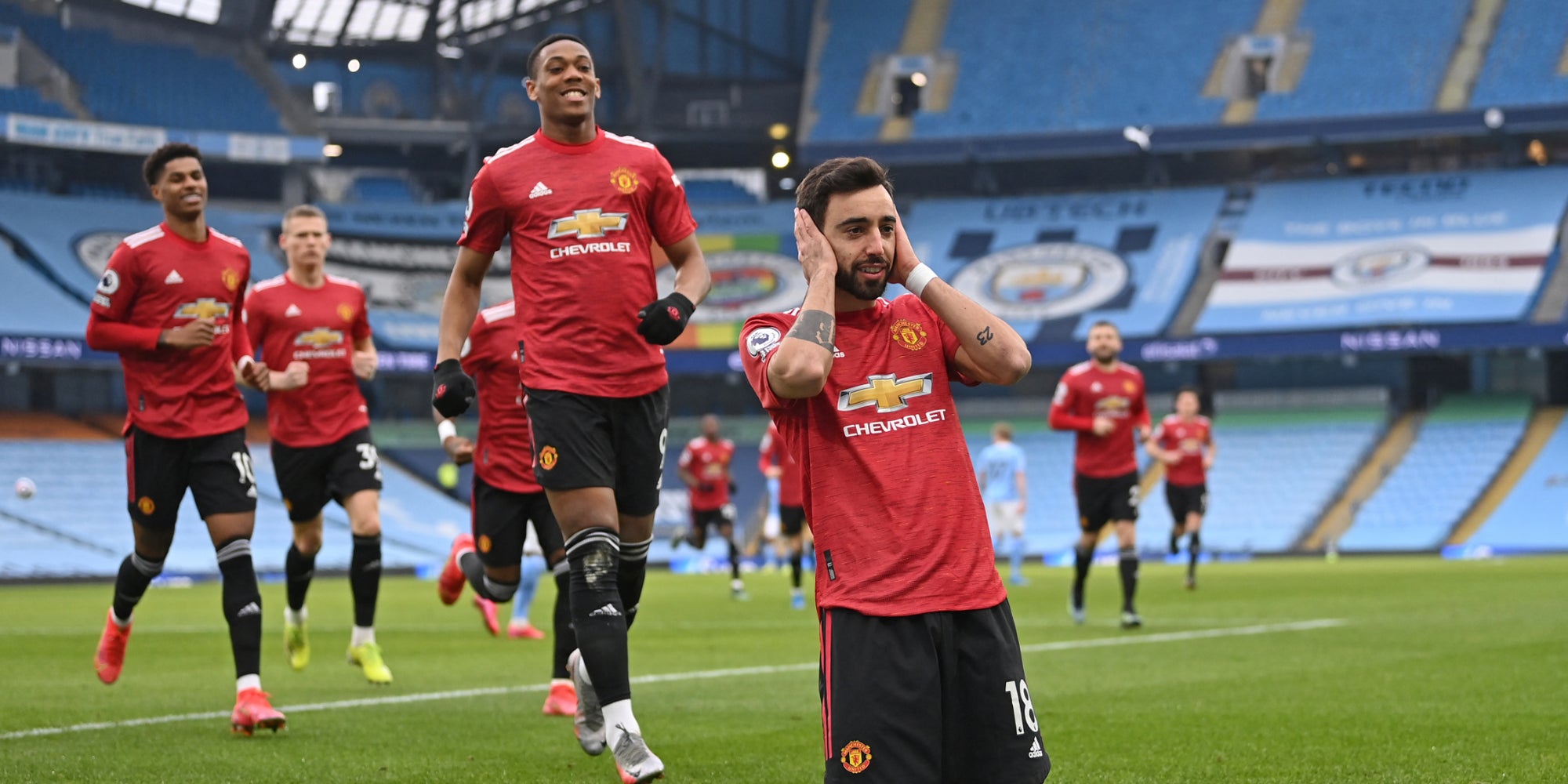 Les joueurs de Manchester United lors de leur victoire en Premier League à Manchester City, le 7 mars 2021 à l'Etihad Stadium, Manchester