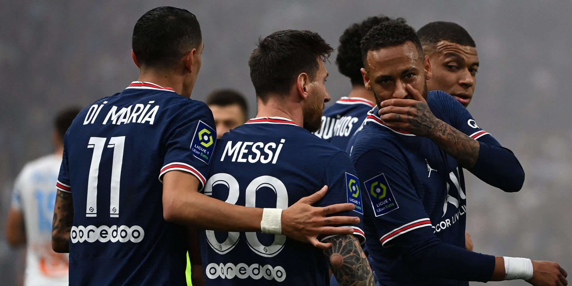 Les joueurs du PSG à Marseille en Ligue 1, le 24 octobre 2021 au stade Vélodrome   