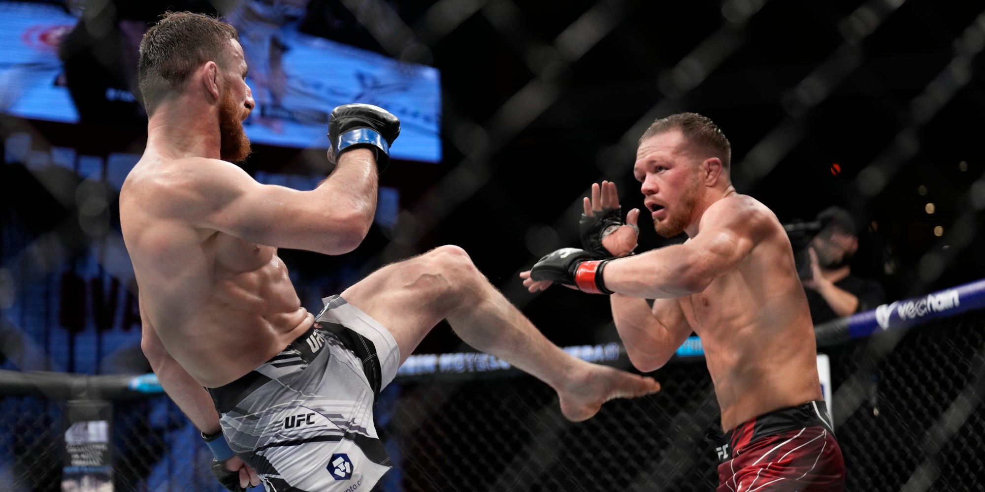 Merab Dvalishvili (à gauche) face à Petr Yan lors de leur combat chez les poids coqs, le 11 mars 2023, à Las Vegas, aux États-Unis.
