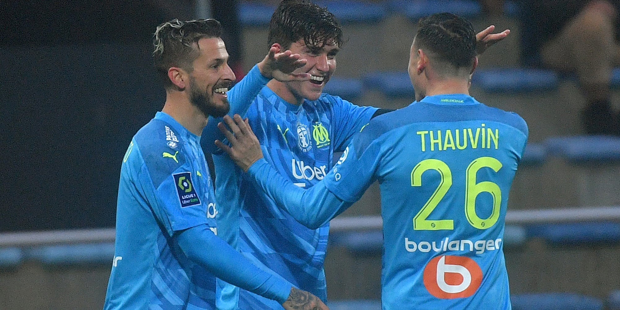 Les joueurs de l'OM lors du match de Ligue 1 à Lorient, le 24 octobre 2020