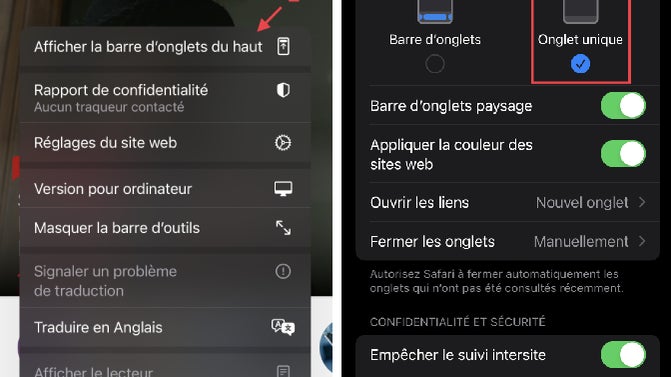 À gauche : comment modifier la disposition de la barre de navigation directement depuis Safari. À droite : comment modifier la disposition de la barre de navigation depuis les Réglages < Safari.