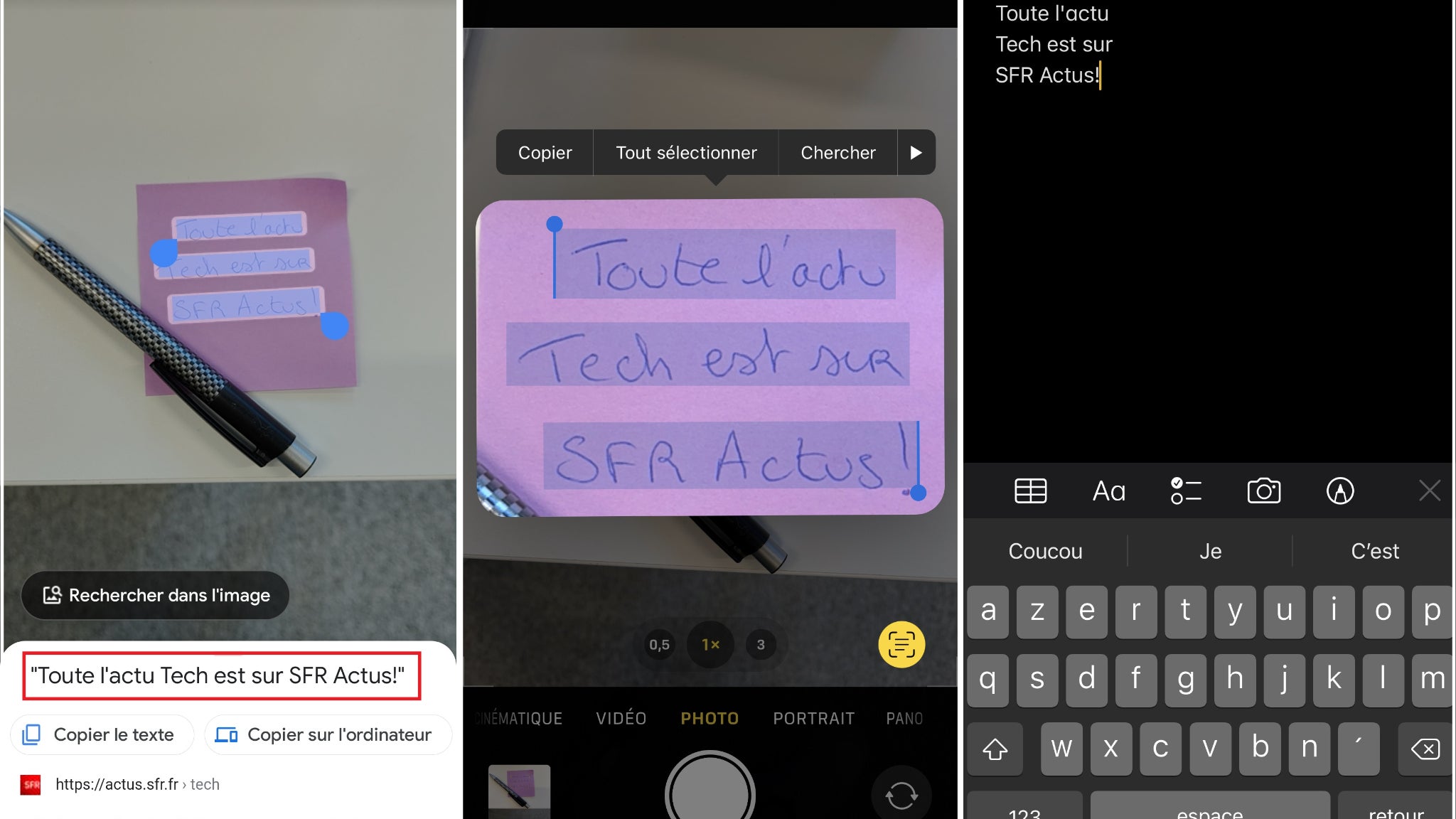 Google Lens (à gauche) a bien reconnu notre écriture, affichant sa retranscription instantanément. Live Text aussi, comme on a pu le constater en faisant un copier-coller.