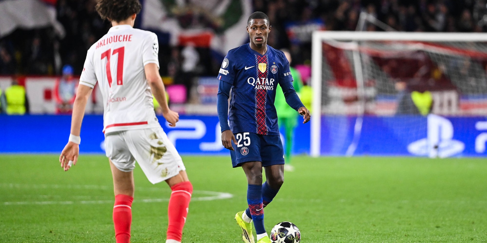 Nuno Mendes lors du match aller entre Monaco et Paris, le 17 février 2026 au Stade Louis-II (Monaco).