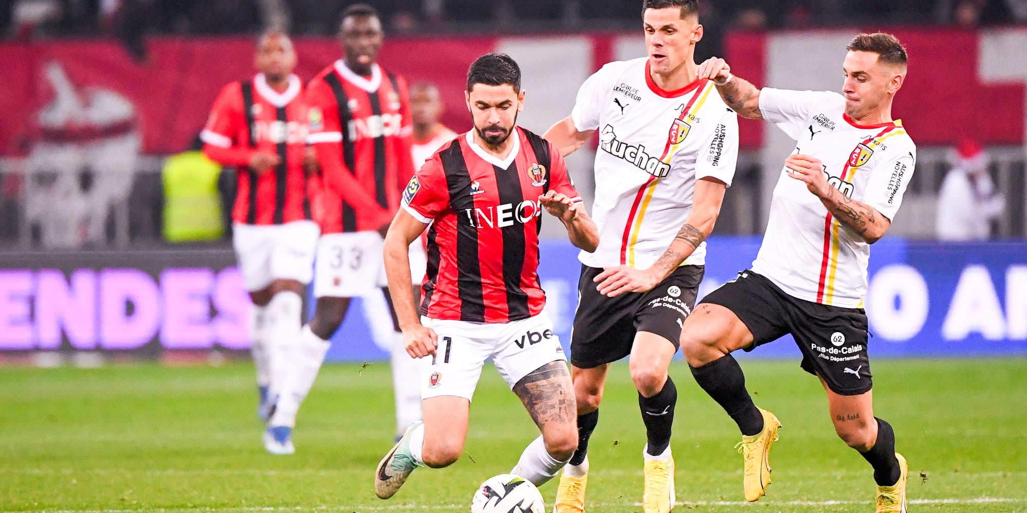 Morgan Sanson lors de OGC Nice - RC Lens, le 20 décembre 2023 à l'Allianz Riviera (Nice).
