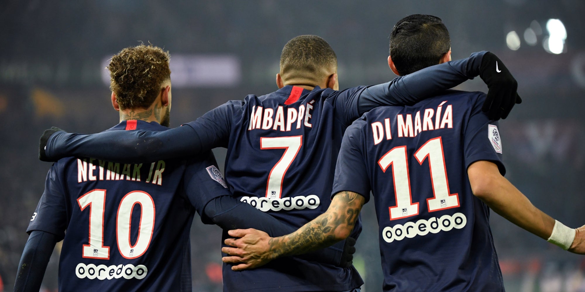 Neymar, Kylian Mbappé et Ángel Di María lors d'un match de Ligue 1 du PSG face au FC Nantes, au Parc des Princes à Paris, le 4 décembre 2019.