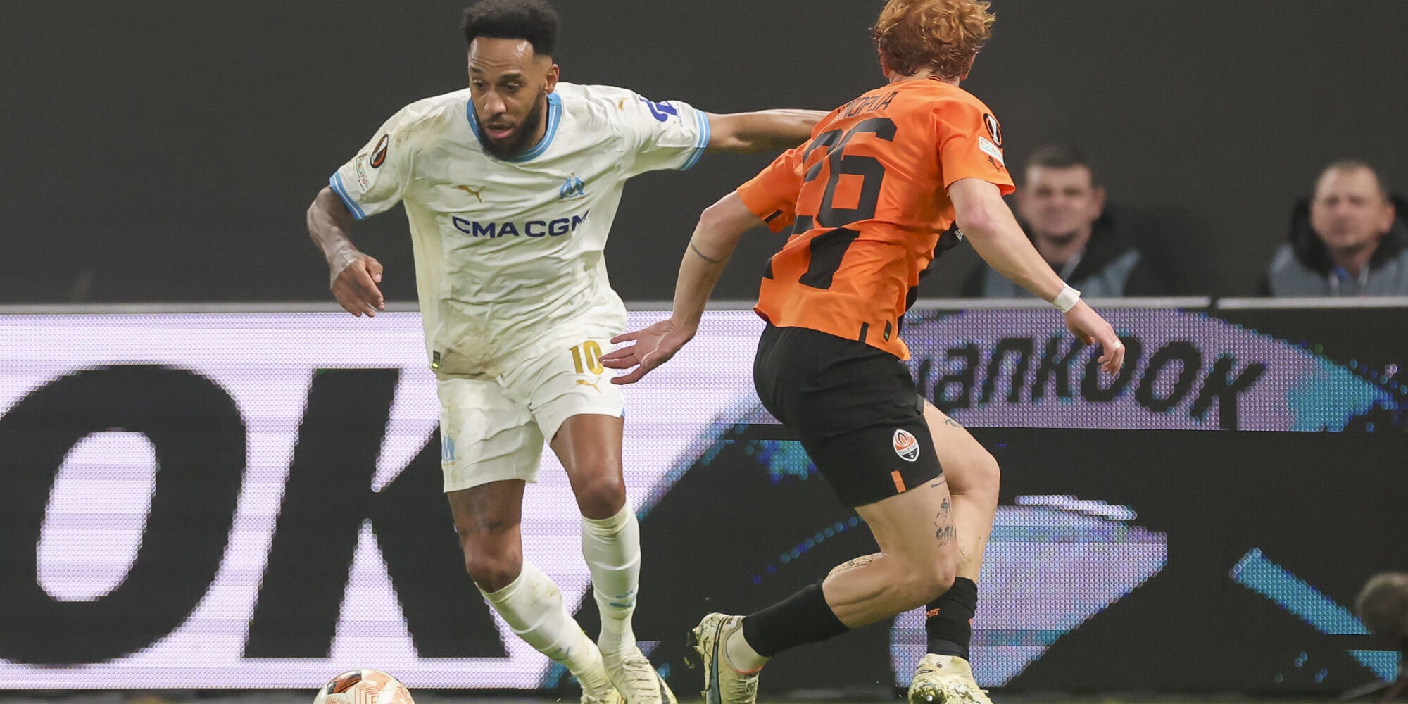 Pierre-Emerick Aubameyang lors du match aller entre le Shakhtar Donetsk et l'Olympique de Marseille, le 15 février 2024 au Volksparkstadion de Hambourg.