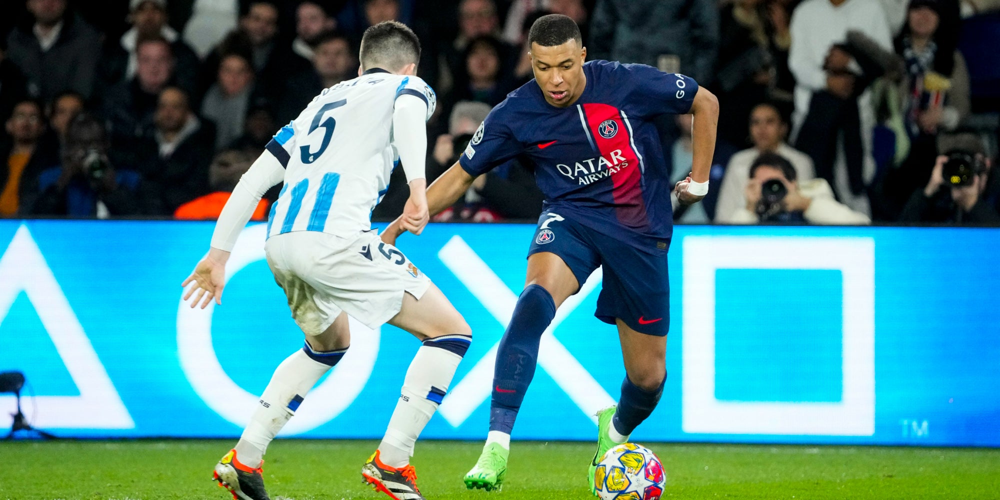 Kylian Mbappé lors du 8e de finale aller de Ligue des Champions entre le PSG et la Real Sociedad, le 14 février 2023 au Parc des Princes (Paris).