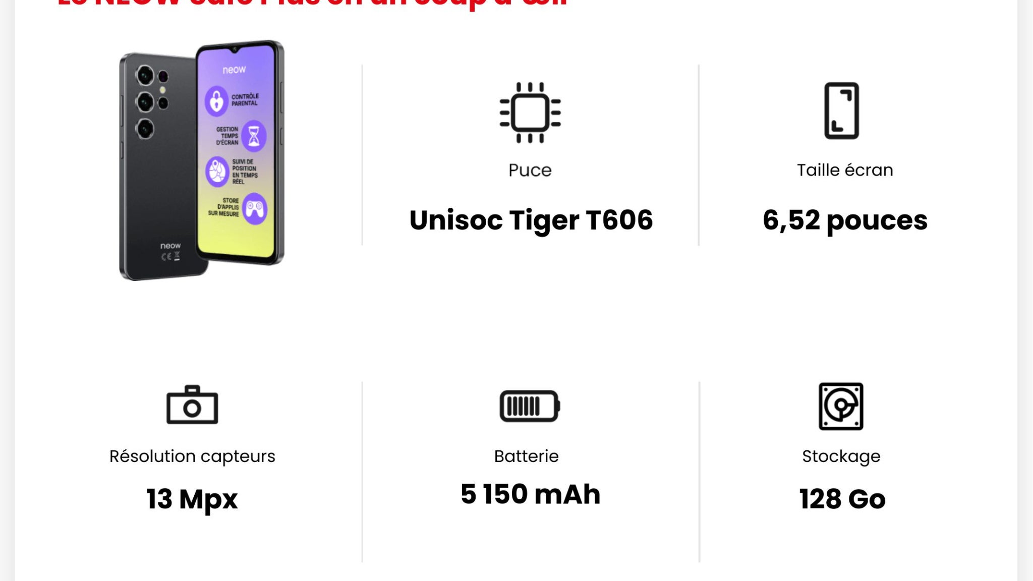 Les principales caractéristiques du NEOW Safe Plus.