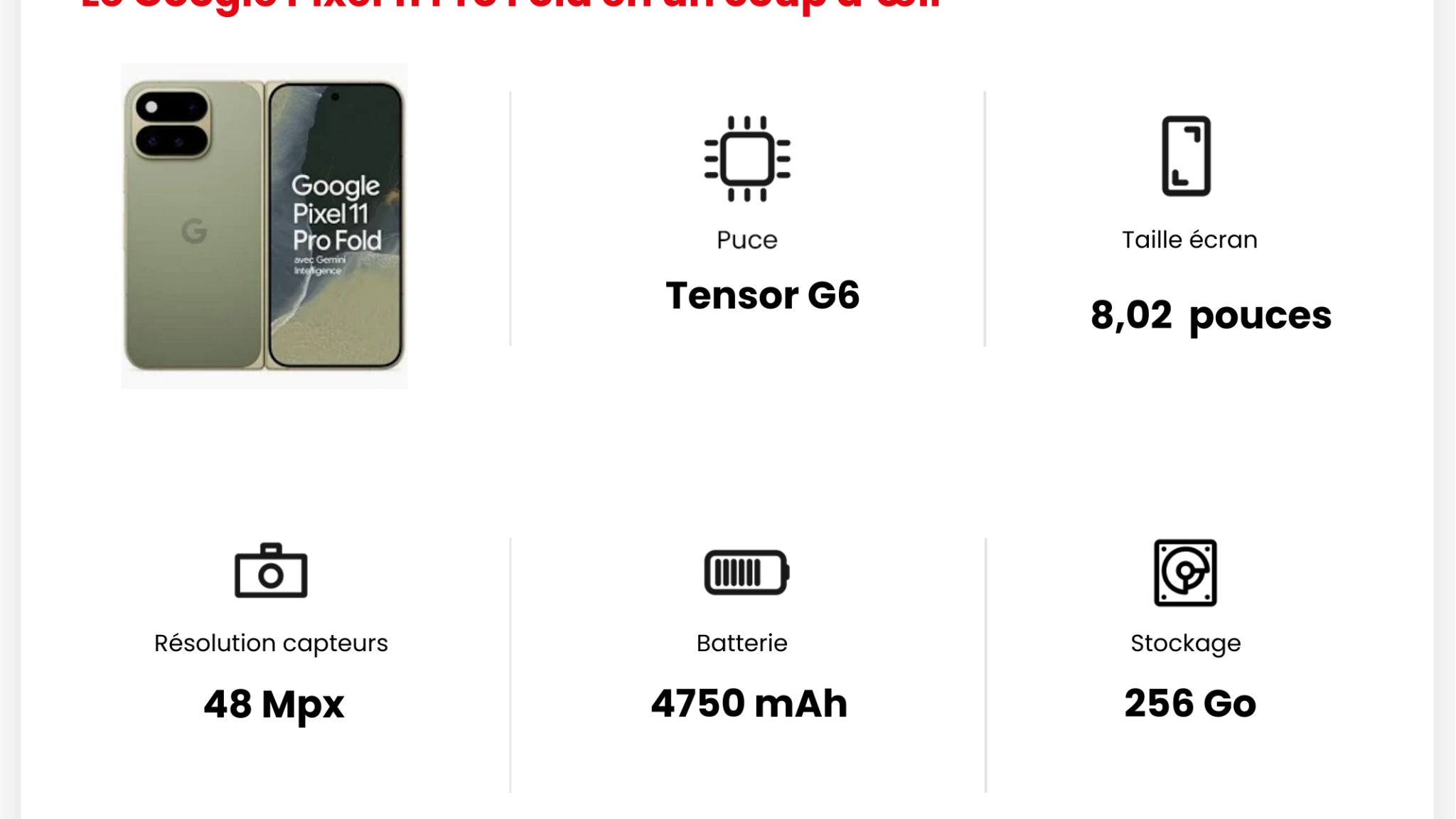 Les principales caractéristiques du Pixel 11 Pro Fold