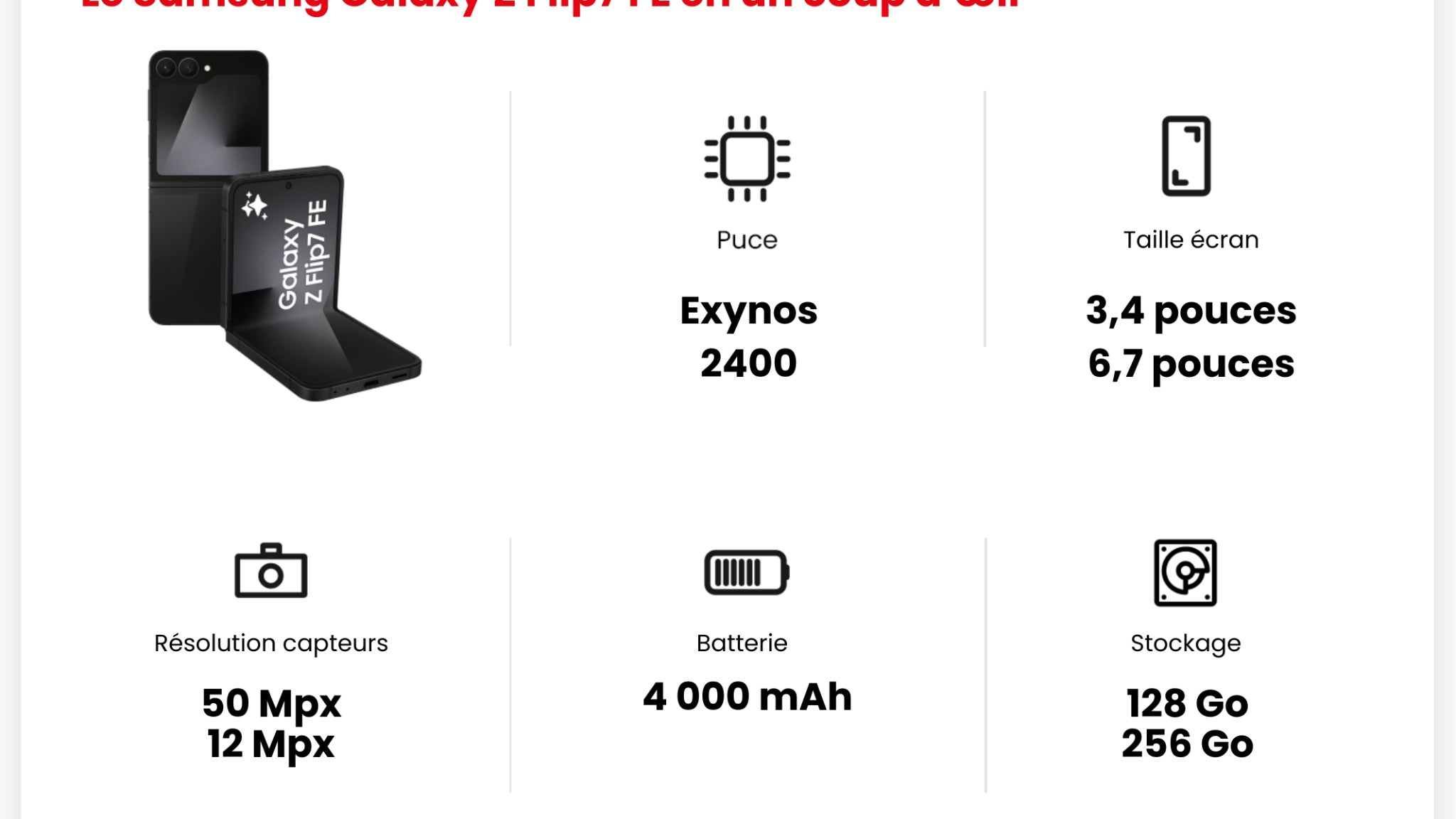 Les principales caractéristiques du Samsung Galaxy Z Flip7 FE. Les principales caractéristiques du Samsung Galaxy Z Flip7 FE.