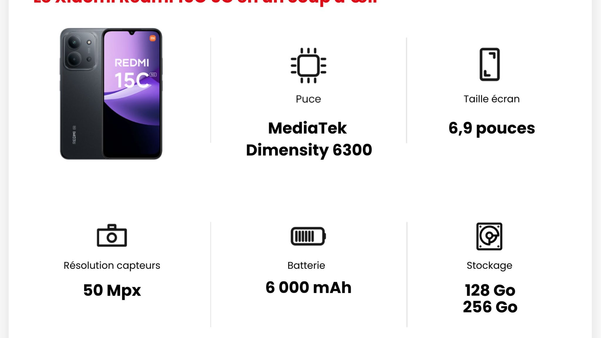 Les principales caractéristiques du Xiaomi Redmi 15C 5G. Les principales caractéristiques du Xiaomi Redmi 15C 5G.