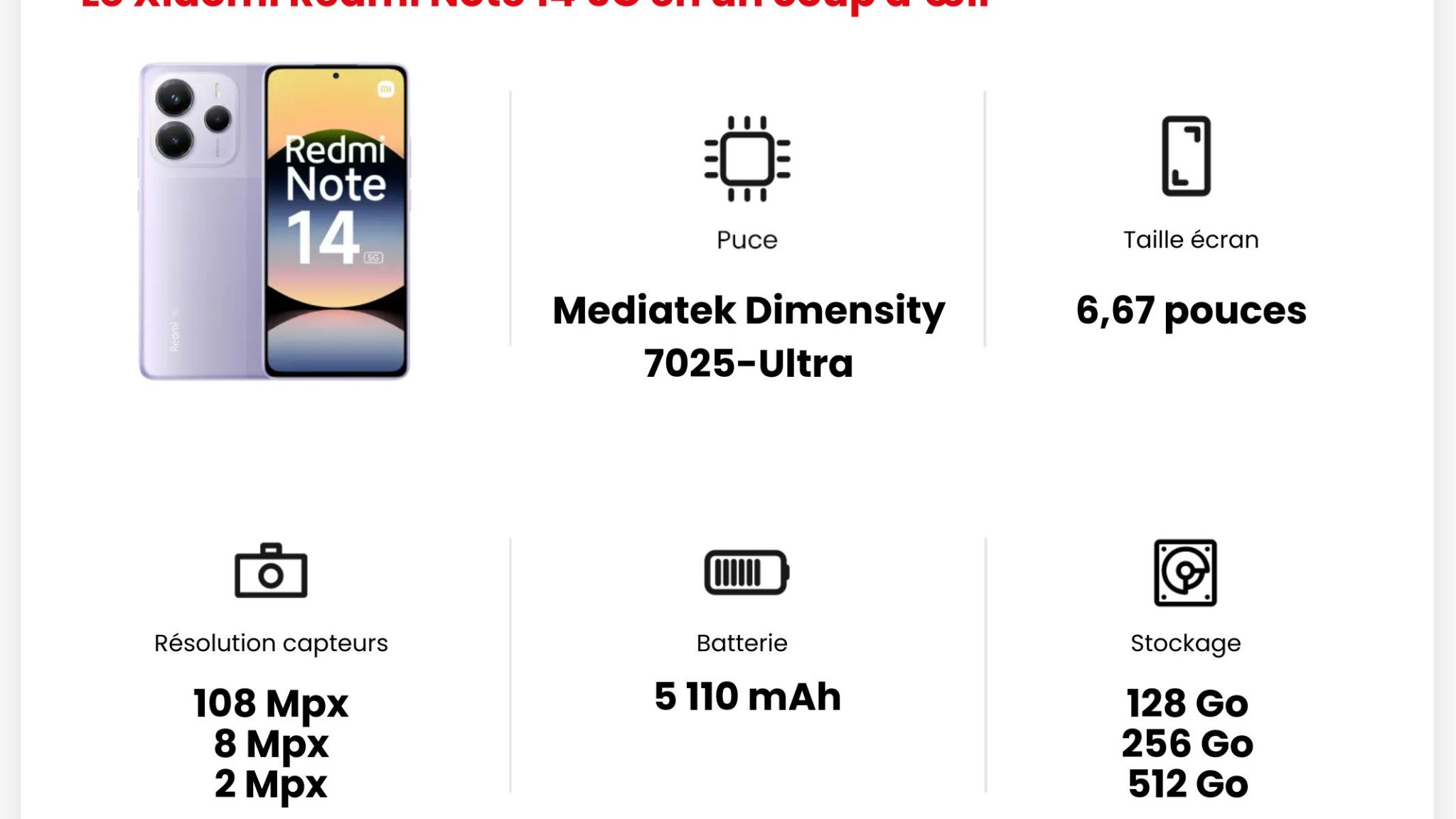 Les principales caractéristiques du Xiaomi Redmi Note 14 5G. Les principales caractéristiques du Xiaomi Redmi Note 14 5G.