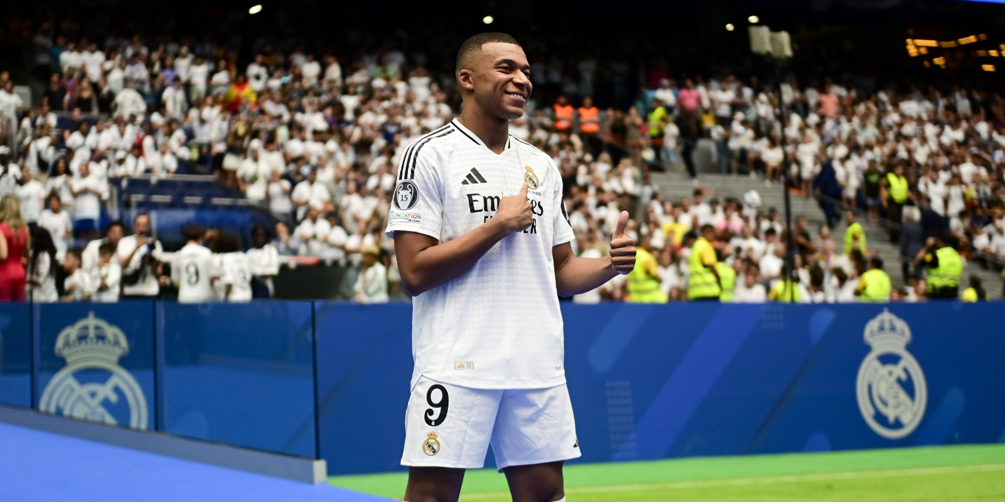 Kylian Mbappé lors de sa présentation au Real Madrid, le 16 juillet 2024 au Stade Santiago-Bernabéu (Madrid).