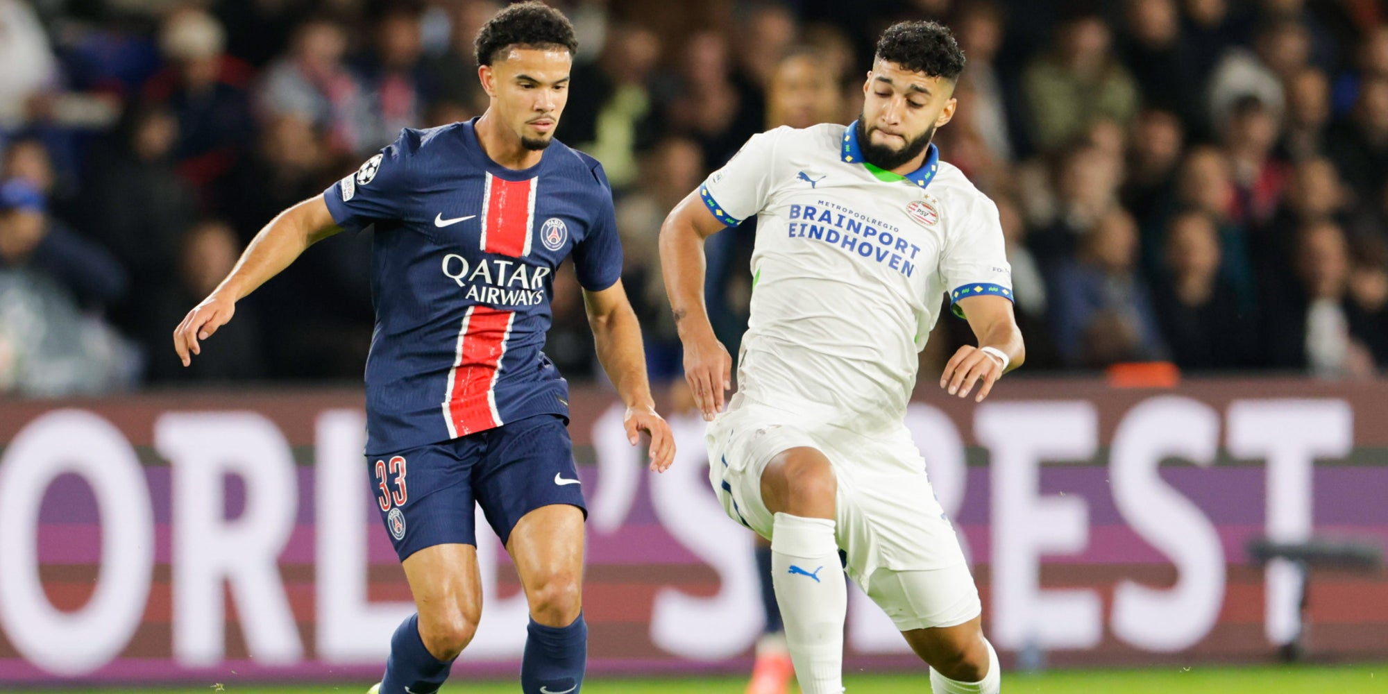 Warren Zaïre-Emery lors du match de Ligue des Champions entre le PSG et le PSV, le 22 octobre 2024 au Parc des Princes (Paris).