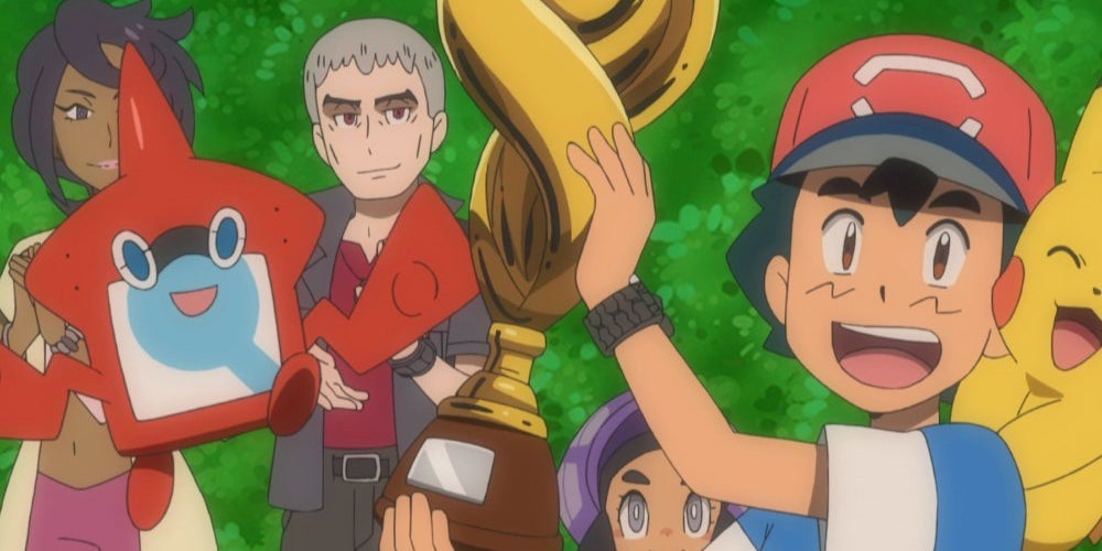 Sacha, enfin victorieux de la Ligue Pokémon dans le dessin animé.