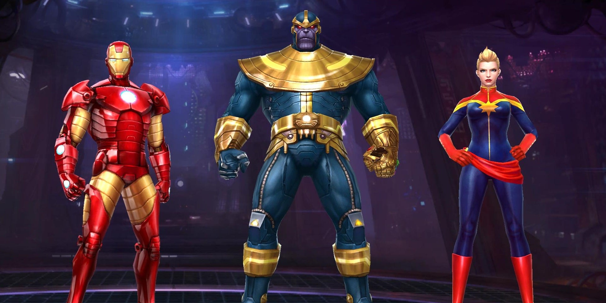 Thanos, Captain Marvel et Iron Man, personnages jouables du jeu mobile Marvel Future Fight.