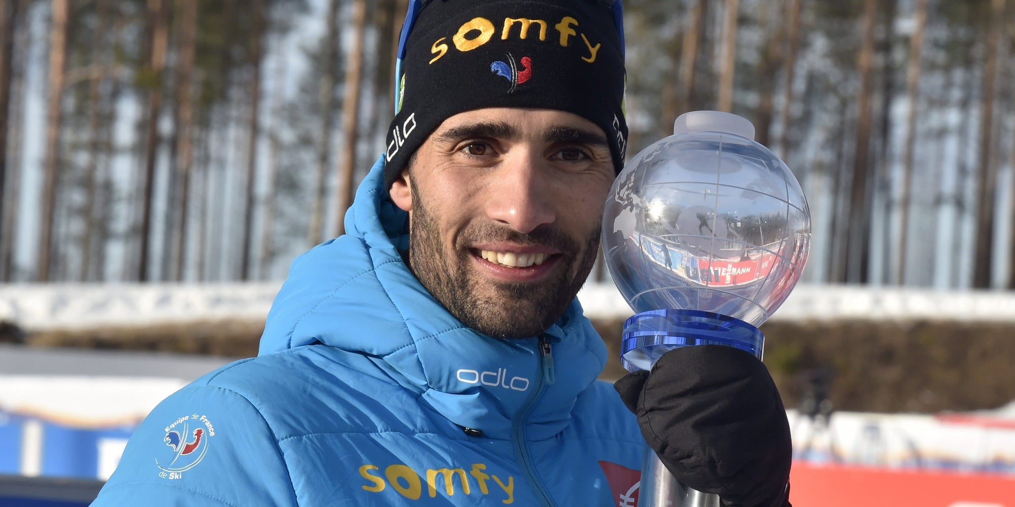 Martin Fourcade remporte un petit Globe de Cristal à Kontiolahti, en Finlande, le 14 mars 2020.