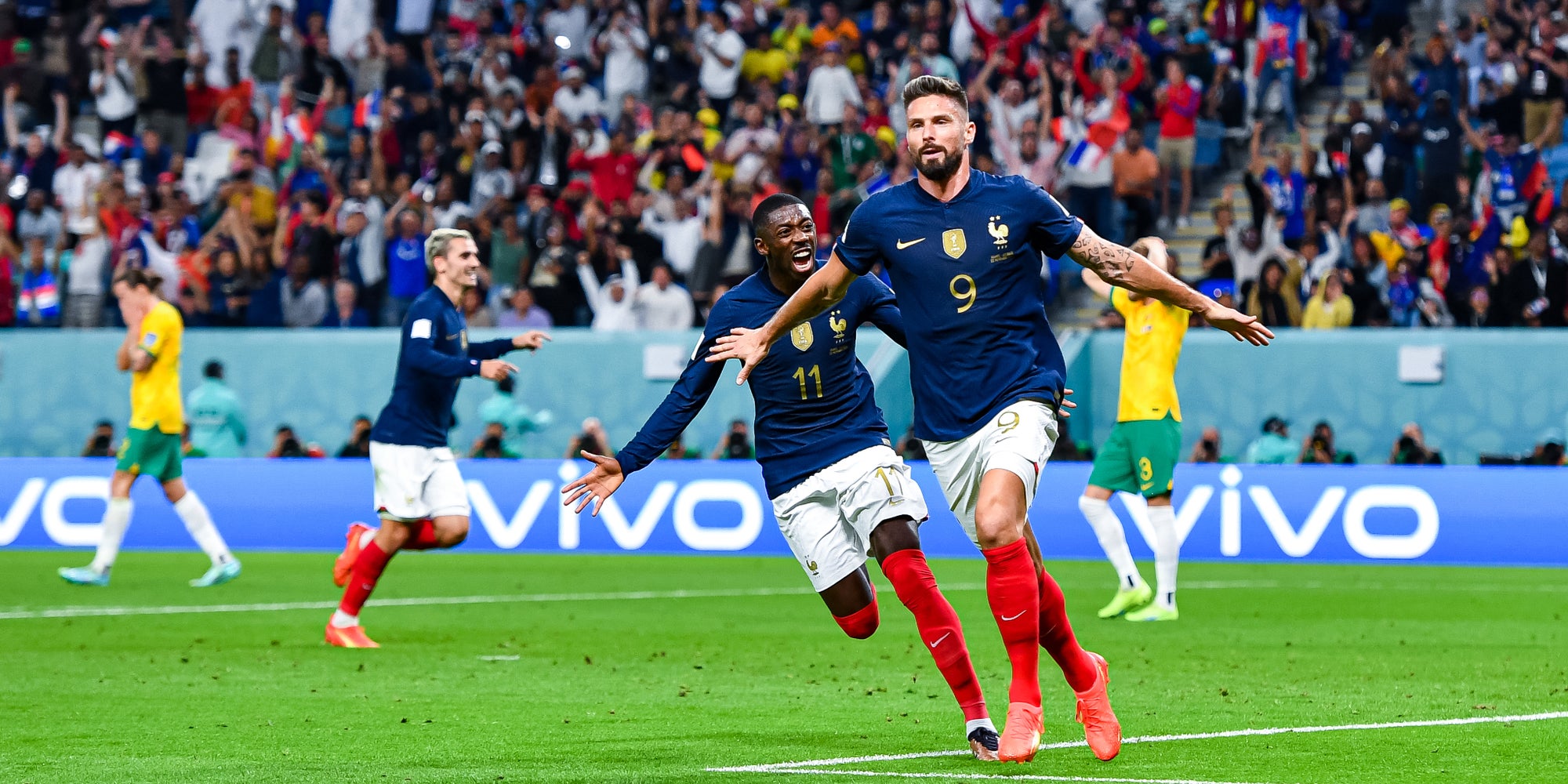 Olivier Giroud célèbre son but marqué lors du match France - Australie en Coupe du Monde, au Qatar, le 22 novembre 2022.