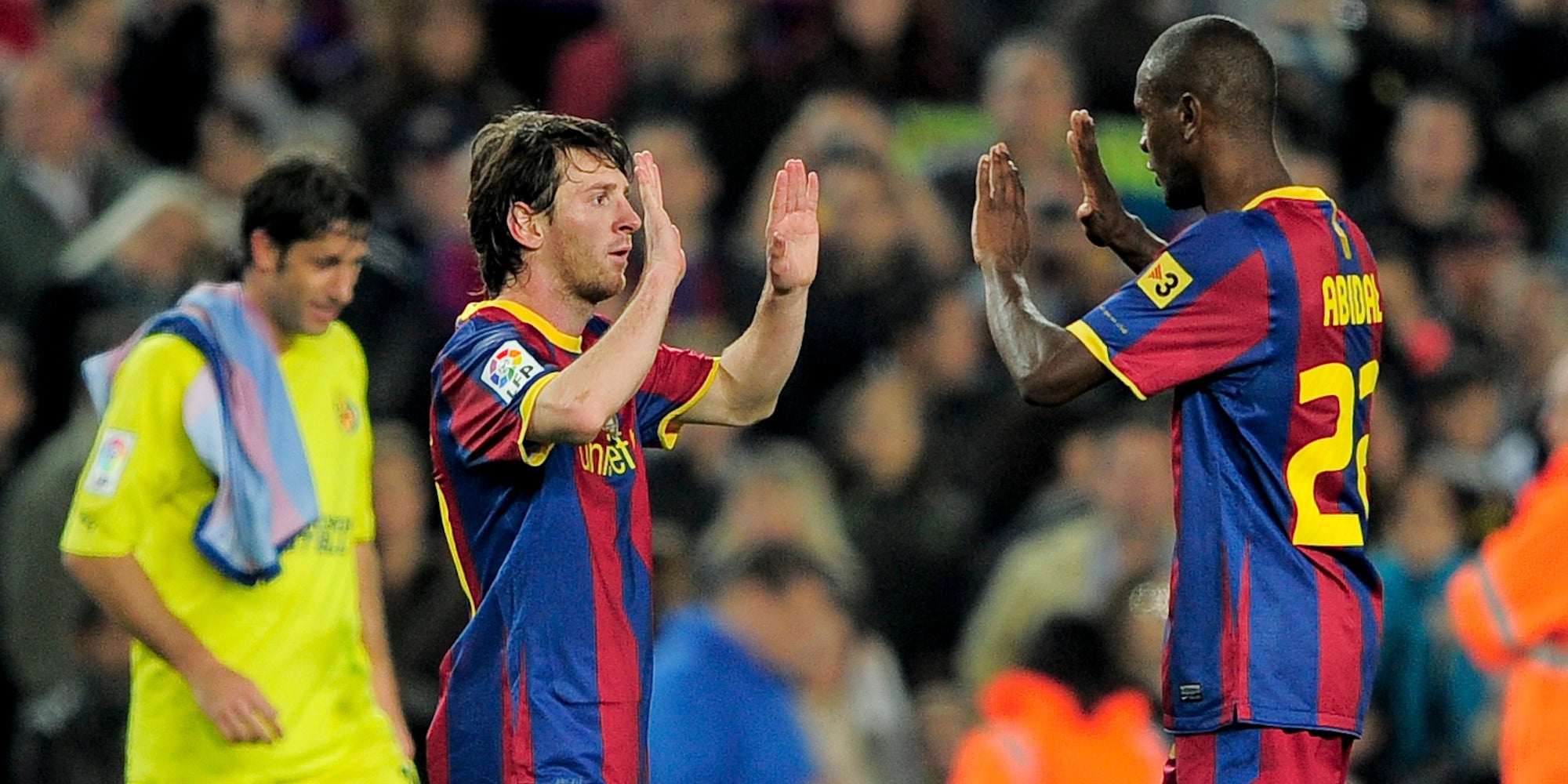 Messi et Abidal quand ils jouaient ensemble, le 13 novembre 2010 à Barcelone contre Villareal