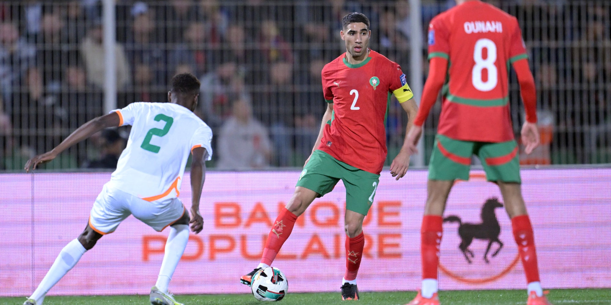 Achraf Hakimi lors d'un match de qualification pour la Coupe du Monde 2026 face au Niger, le 21 mars 2025 au Stade d'Honneur d'Oujda.