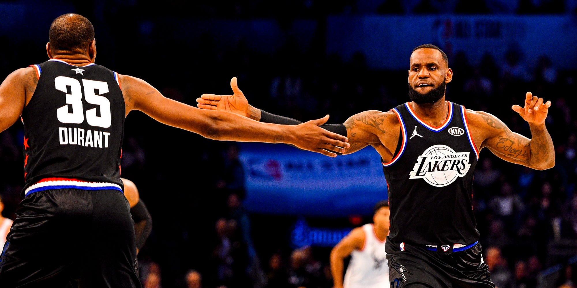 LeBron James et Kevin Durant pendant le All-Star Game 2019, à Charlotte, le 17 février 2019. 