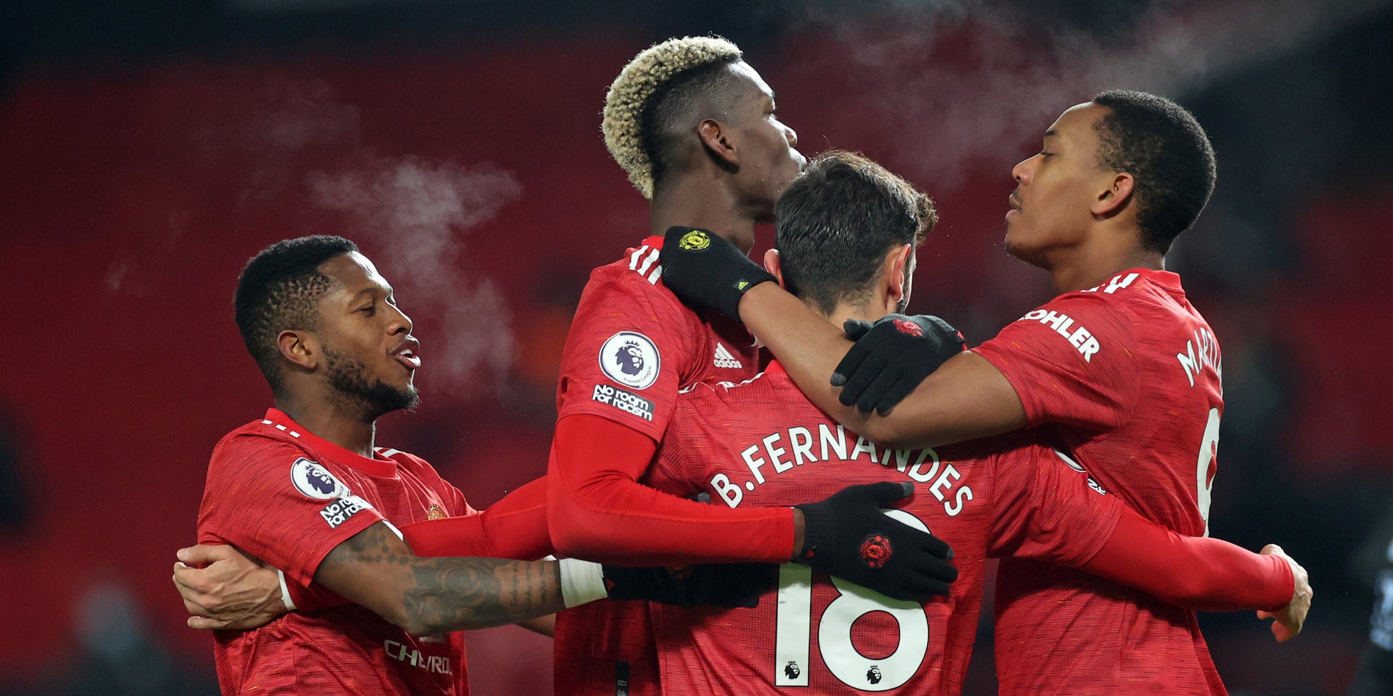 Les joueurs de Manchester United lors de leur victoire contre Aston Villa (2-1) en Premier League, le 1er janvier 2021 à Old Trafford, Manchester