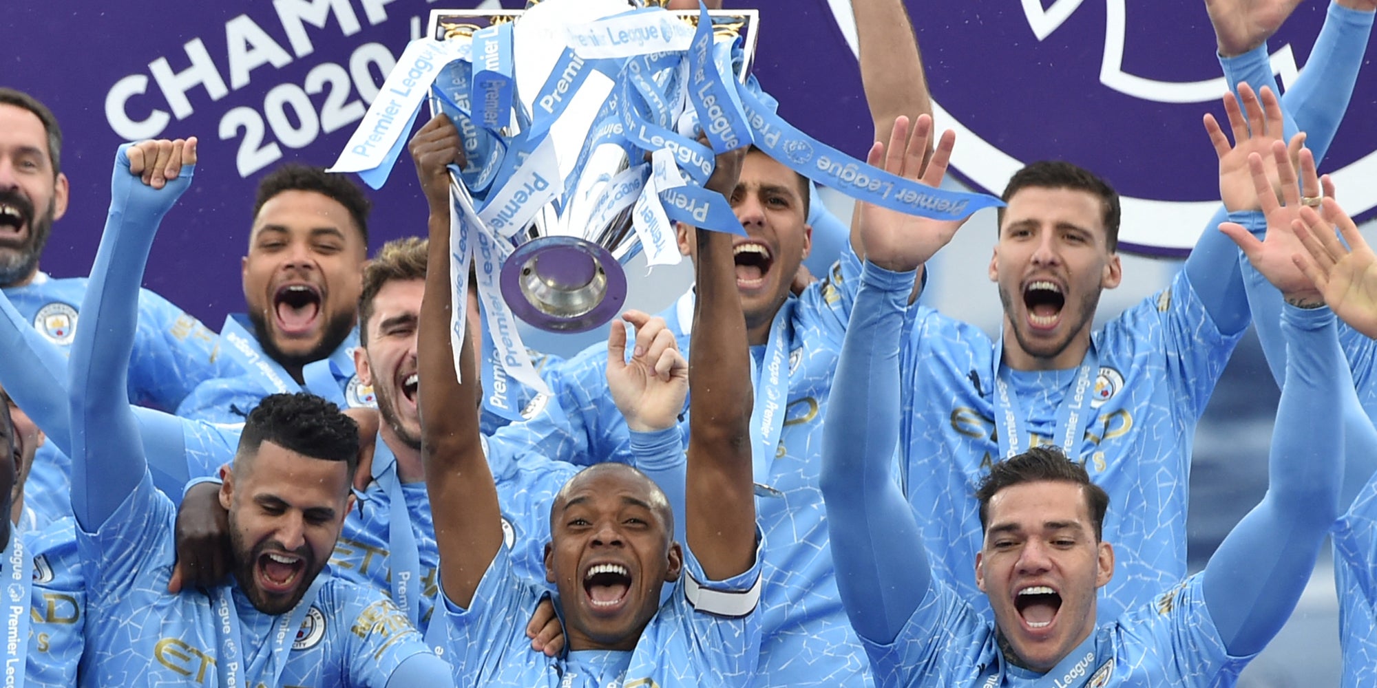 Manchester City fête son titre de champion, le 23 mai 2021 à l'Etihad Stadium, Manchester
