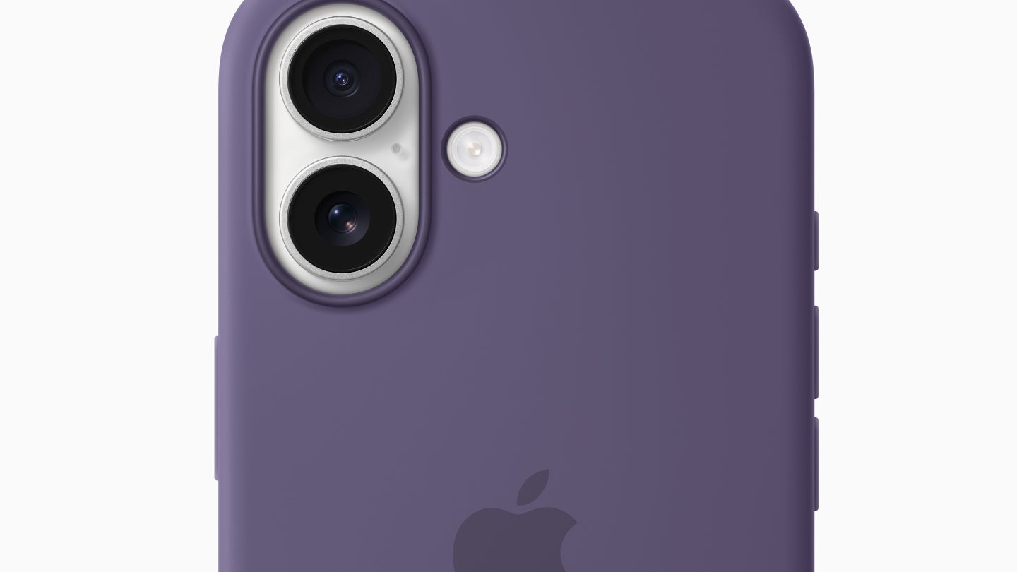 Un rendu visuel de l'iPhone 17, ici en blanc avec la coque MagSafe brume violette.