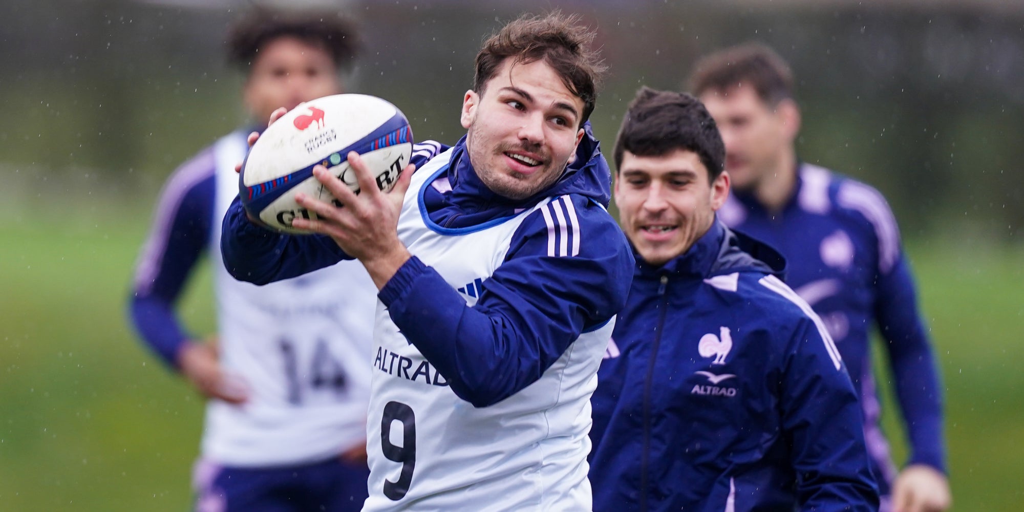 Antoine Dupont lors d'une séance d'entraînement de l'Equipe de France au Centre national de rugby, le 1er février 2026 à Marcoussis, en France.
