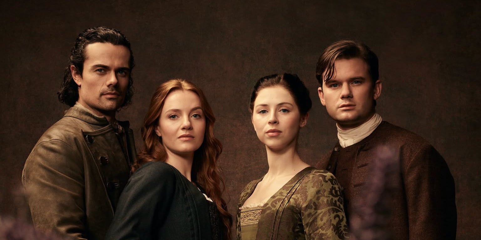 Jamie Roy, Harriet Slater, Hermione Corfield et Jeremy Irvine dans la saison 2 d’Outlander : Blood of My Blood.