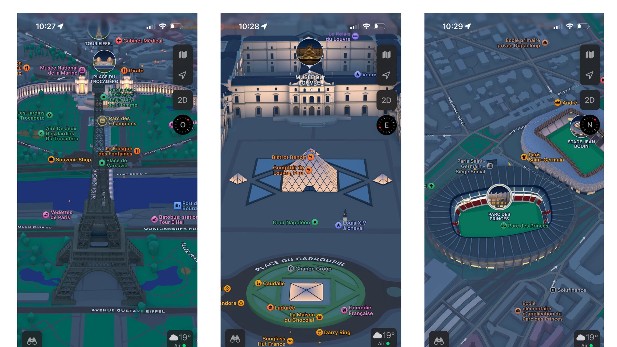 Musée du Louvres, tour Eiffel et Parc des Princes, retrouvez les lieux emblématiques de Paris en 3D dans Apple Plans. 