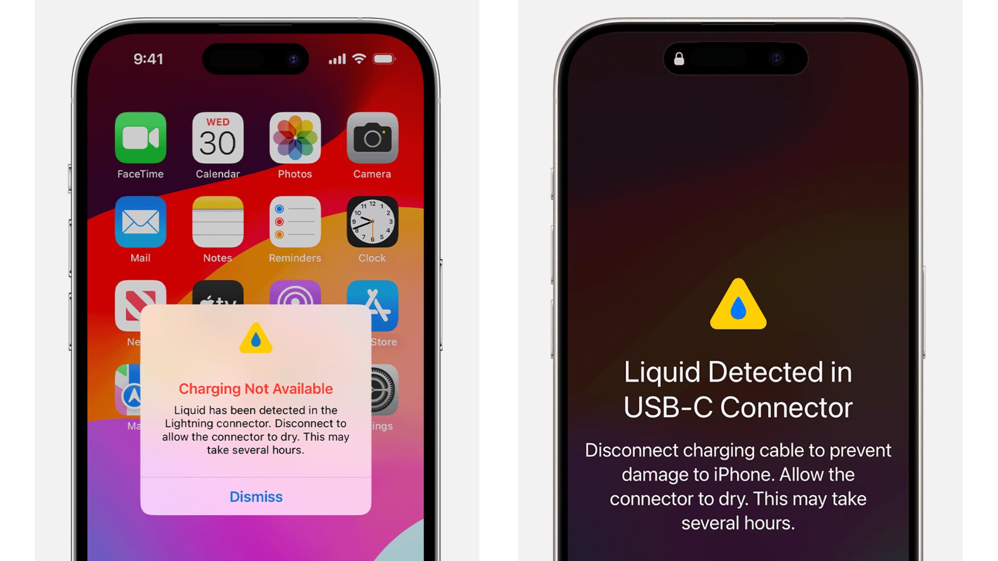 Voici à quoi peuvent ressembler les messages d'alerte en cas de détection d'un liquide par votre iPhone. 