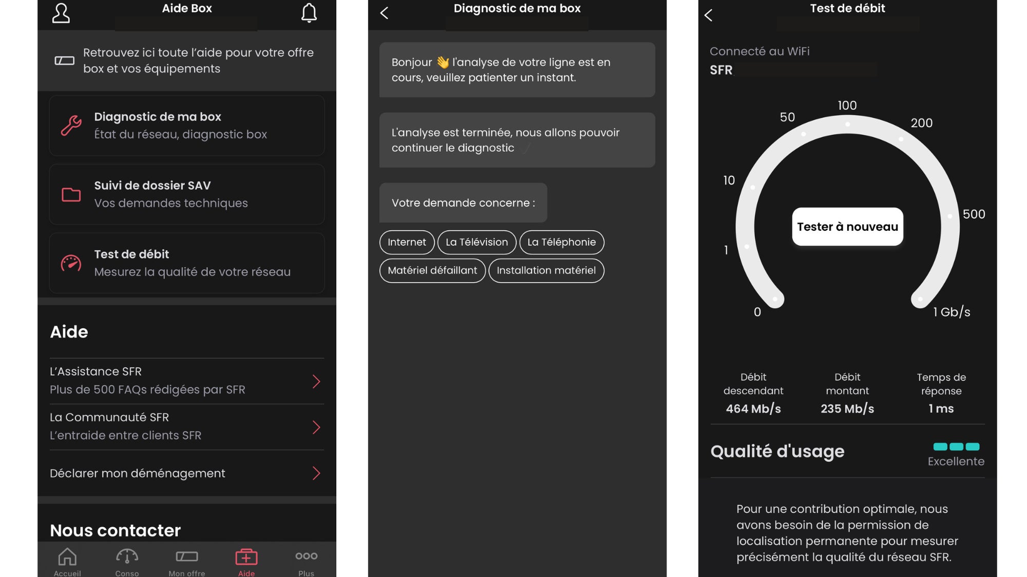 Interface de l'onglet "Aide" de l'application SFR & Moi 
