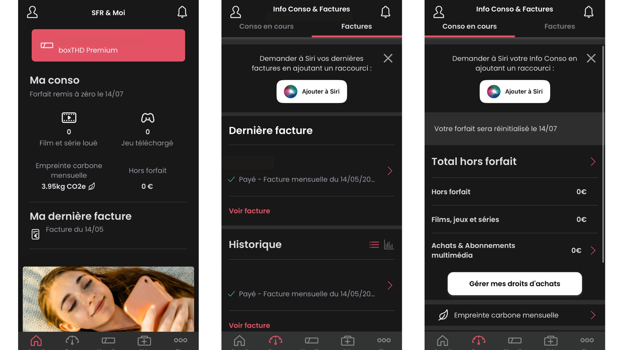 Interface des onglets Accueil et Conso de l'application SFR & Moi pour une ligne box 