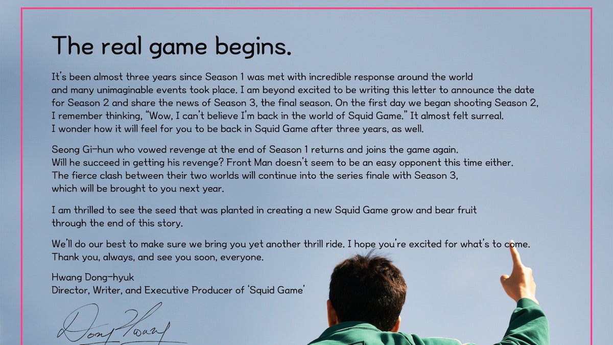 Hwang Dong-hyuk, le showrunner de la série "Squid Game" confirme l'arrivée de la saison 3 pour 2025 sur Netflix.