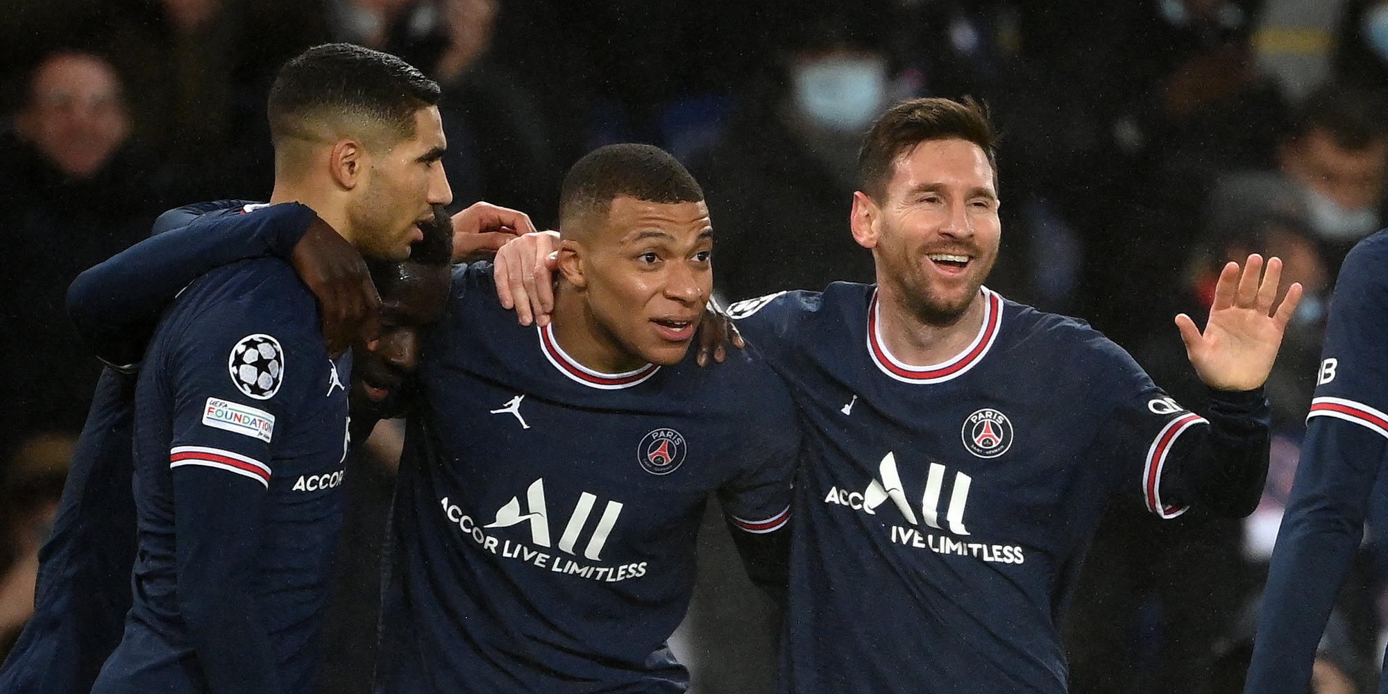 Hakimi, Mbappé et Messi lors de la victoire du PSG contre Bruges en Ligue des Champions, le 7 décembre 2021 au Parc des Princes, Paris