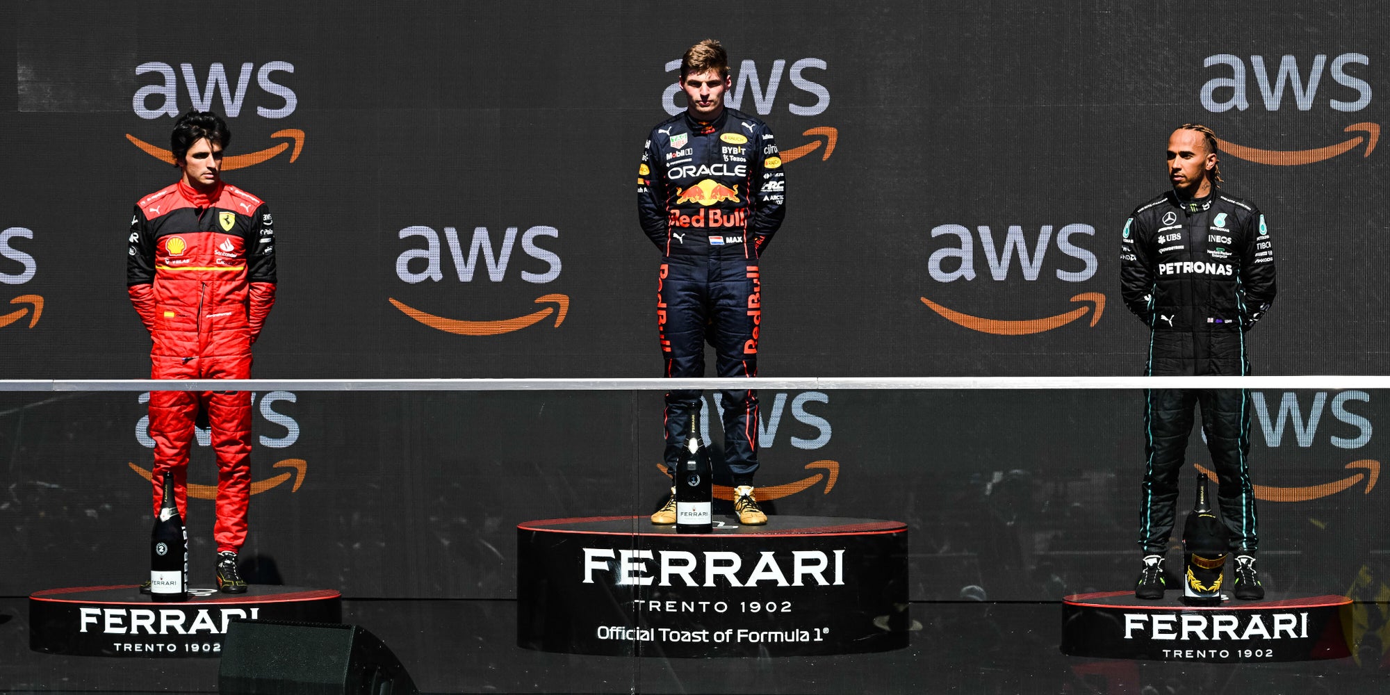 Max Verstappen, Carlos Sainz et Lewis Hamilton sur le podium du Grand Prix du Canada, à Montréal, le 19 juin 2022.