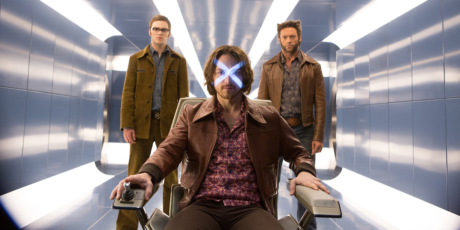 Wolverine, Magneto, le professeur Xavier et Quicksilver dans X-Men : Days of Future Past