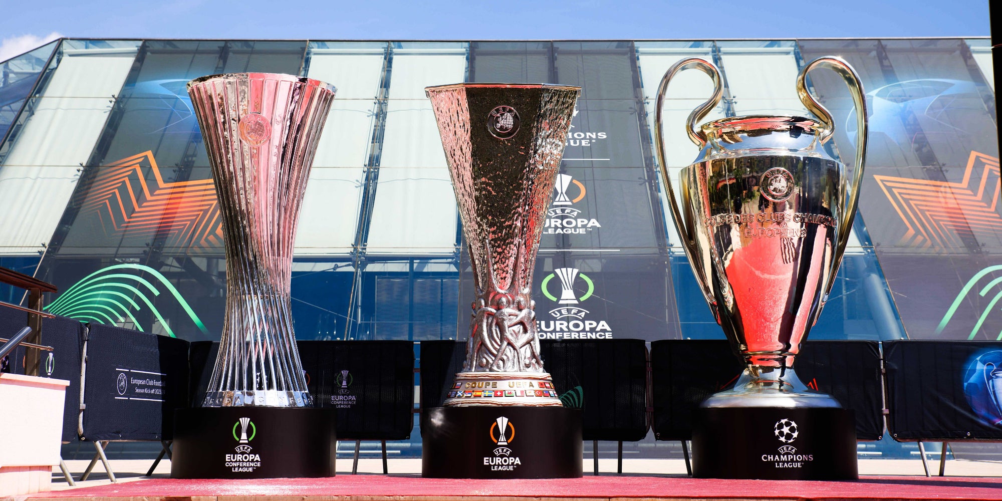 Répliques des trophées de la Ligue Europa Conférence, Ligue Europa et Ligue des Champions, le 31 août 2023 au Forum Grimaldi de Monaco à l'occasion du ''European Club Football Season Kick-off'' de la saison 2023/24.