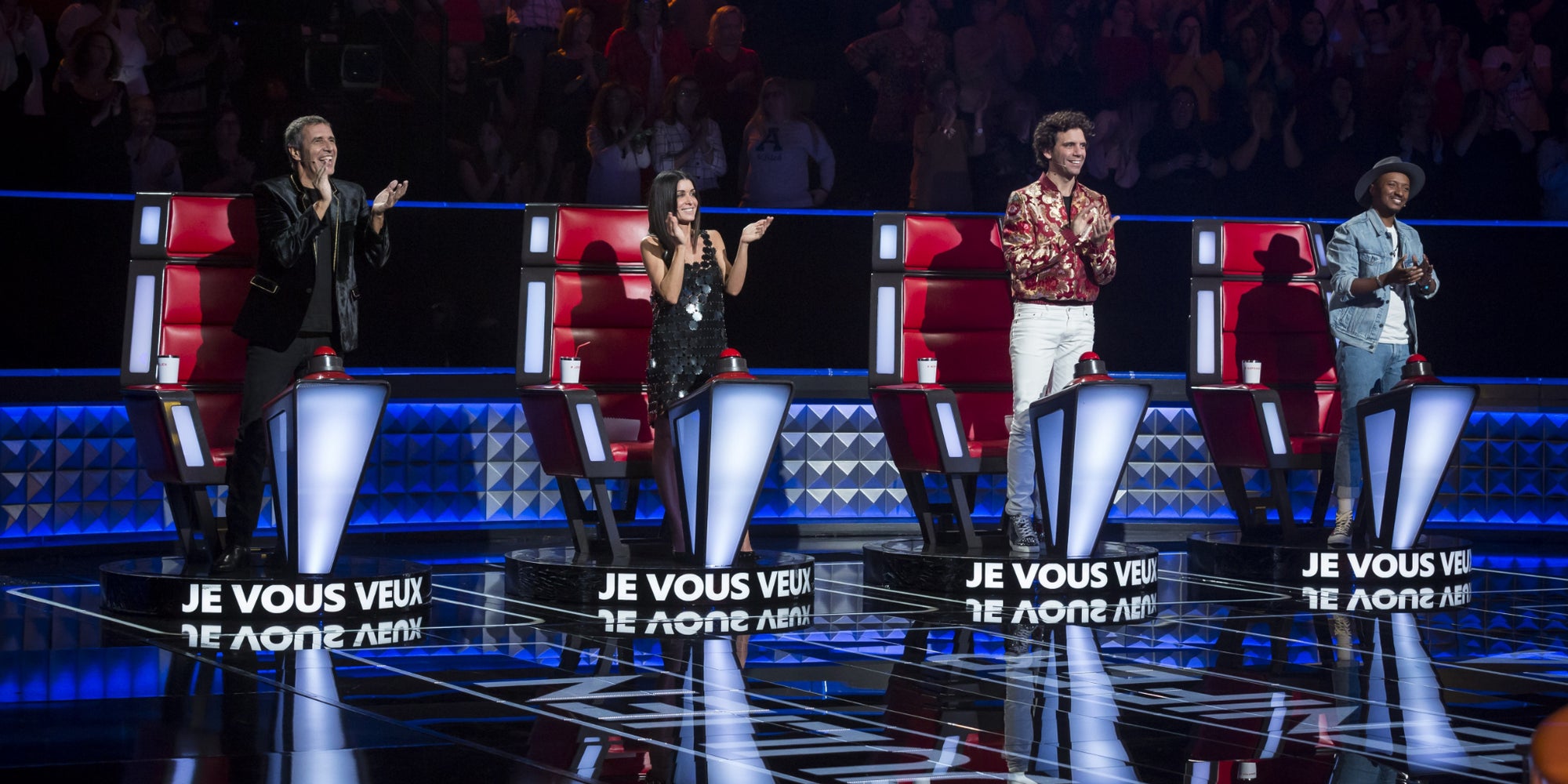 Julien Clerc, Jenifer, Mika et Soprano, les quatres coaches de la huitième saison de The Voice, lors des auditions à l’aveugle, diffusée sur TF1.