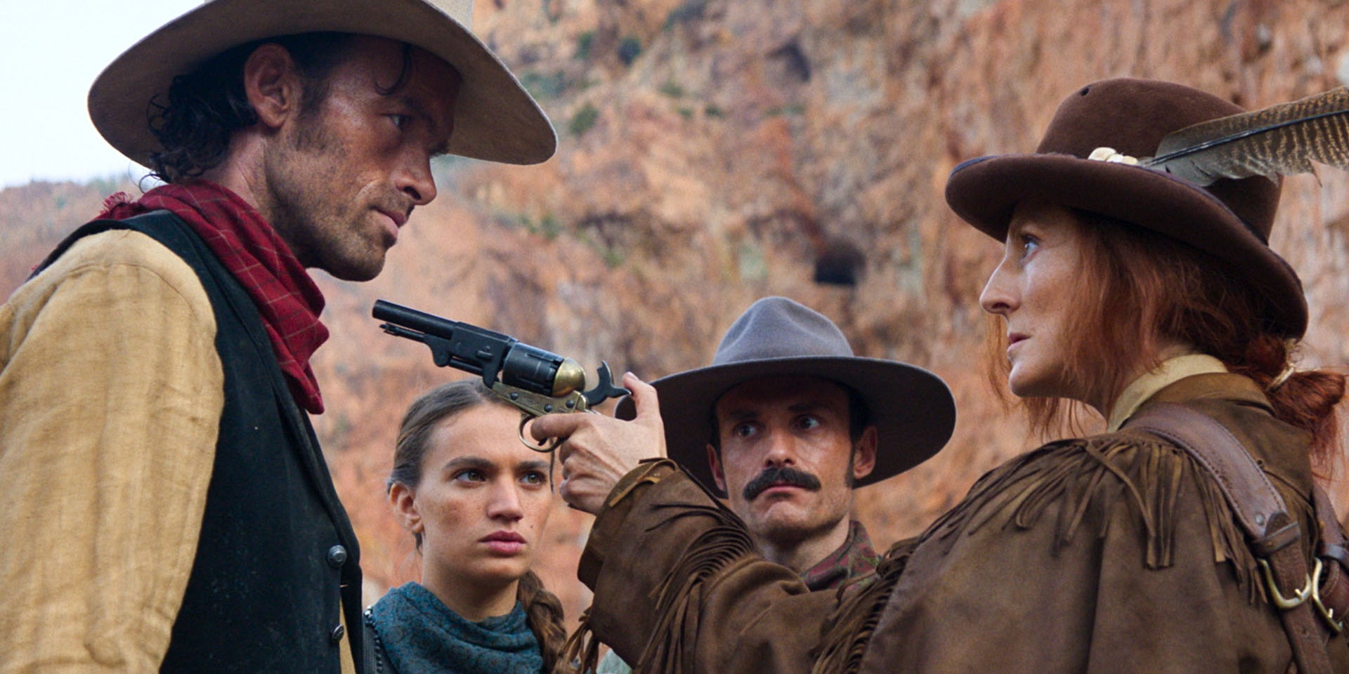 Alban Lenoir, Bullie Blain, Jérôme Niel et Camille Chamoux dans la série "Lucky Luke".